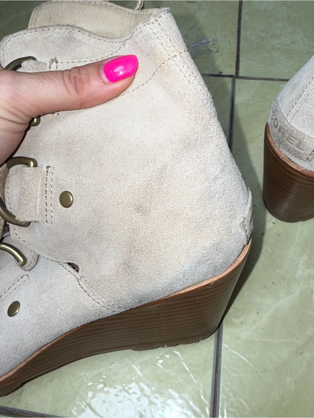 Sorel After Hours Suede Open Toe Wedge Booties 8 Sand Beige Lace Up Gladiator⁠